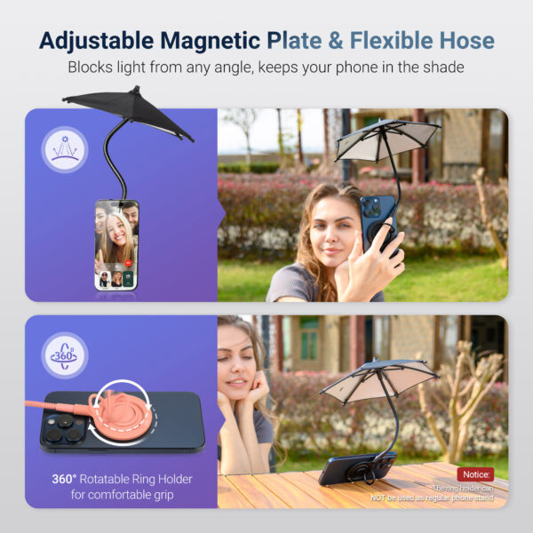 Magnetic Phone Umbrella for Sun,Outdoor Phone Sun Shade Shield with Flexible Angle Design & Rotatable Phone Ring,Umbrella for iPhone 16 15 14 13 12 Pro Max Plus,Mag-Safe Case & All Phones Anti-Glare - Image 3