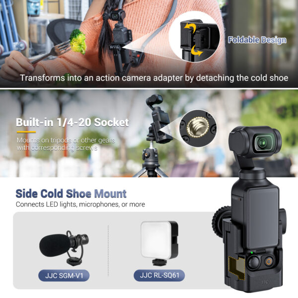 JJC Lightweight Pocket3 Cage with Detachable Cold Shoe Mount Adapter & 1/4" 20, Expansion Adapter Holder for Tripod & DSLR Hot Shoe Mount - Image 3