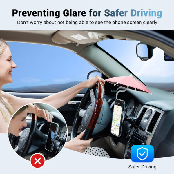 Double Magnetic Car Phone Umbrella,UPF 45+ Magnet Cellphone Sun Shade Shield with 360°Adjustable & Black Anti-UV Coating,Phone Umbrella for Magsafe Car Mount & Smartphone for Driving Anti-Glare PINK - Image 8