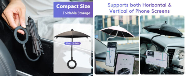 Double Magnetic Car Phone Umbrella,UPF 45+ Magnet Cellphone Sun Shade Shield with 360°Adjustable & Black Anti-UV Coating,Phone Umbrella for Magsafe Car Mount & Smartphone for Driving Anti-Glare PINK - Image 5