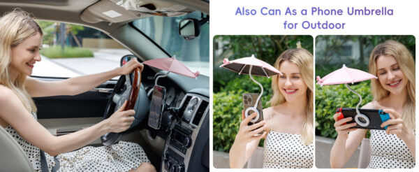 Double Magnetic Car Phone Umbrella,UPF 45+ Magnet Cellphone Sun Shade Shield with 360°Adjustable & Black Anti-UV Coating,Phone Umbrella for Magsafe Car Mount & Smartphone for Driving Anti-Glare PINK - Image 6