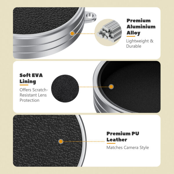 JJC Leather Texture Lens Cap for Fujifilm X Half, Aluminum Anti-Dust Anti-Scratches Lightweight Camera Lens Cover with Soft EVA Interior & Lanyard-Silver - Image 3