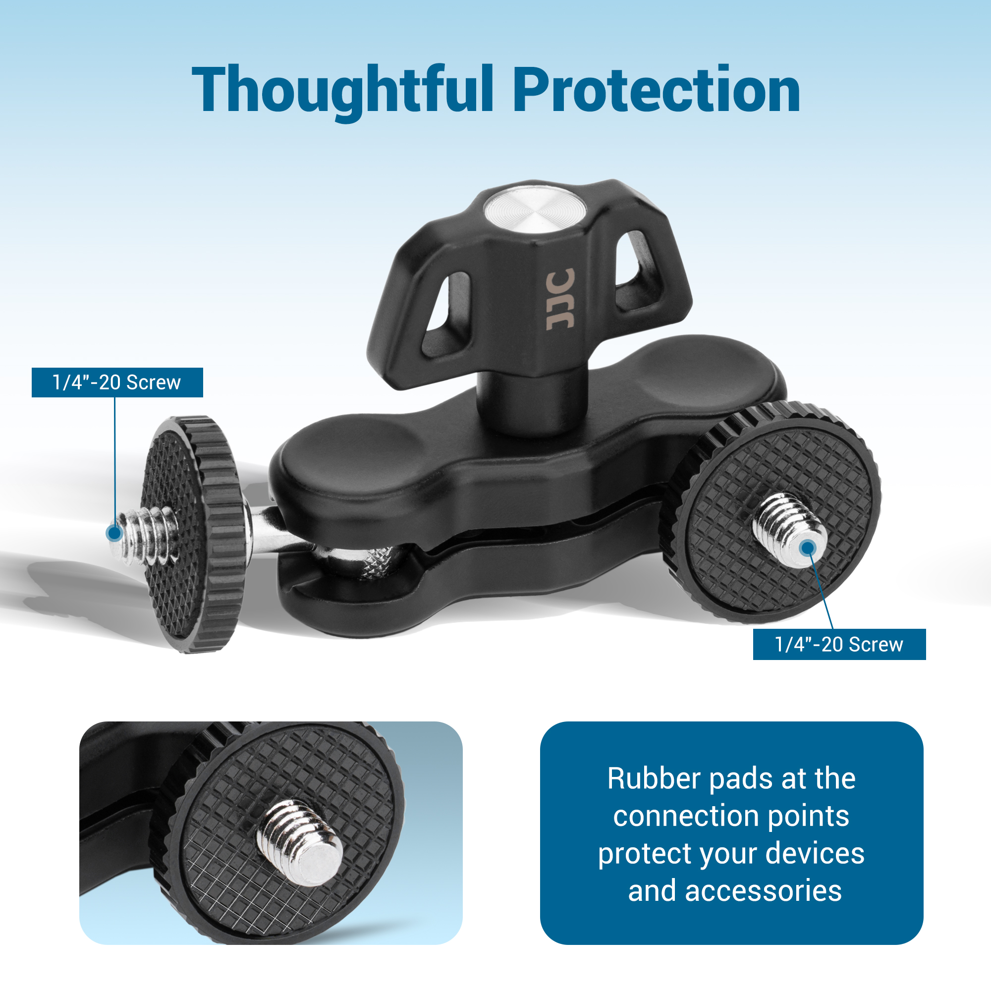 JJC Multi-Function Bean Pod Ball Head Two 1/4"-20 Male Threads Aluminum Frame with Rubber Anti-Slip Pads Secure Firmly Wide-Range Adjustable - Image 4
