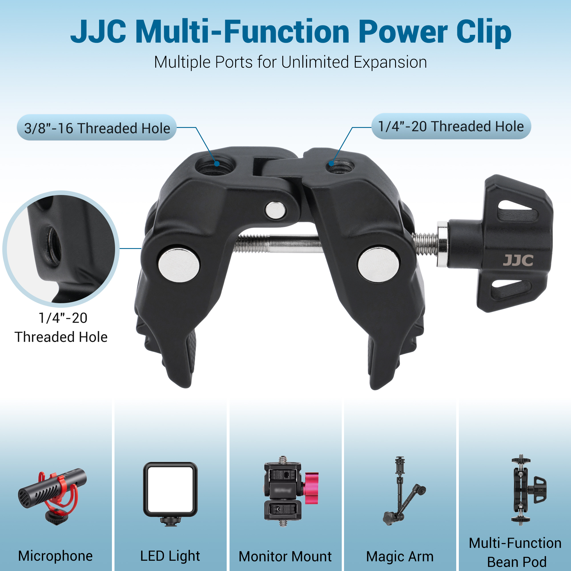 JJC Multi-Function Power Clamp Two 1/4"-20 & One 3/8"-16 Threaded Holes Mount On Hole Pipe Within 12–60 mm Thickness Range for Conference Video Recording Live Streaming Various Other Shooting Scenarios Camera Accessories - Image 3
