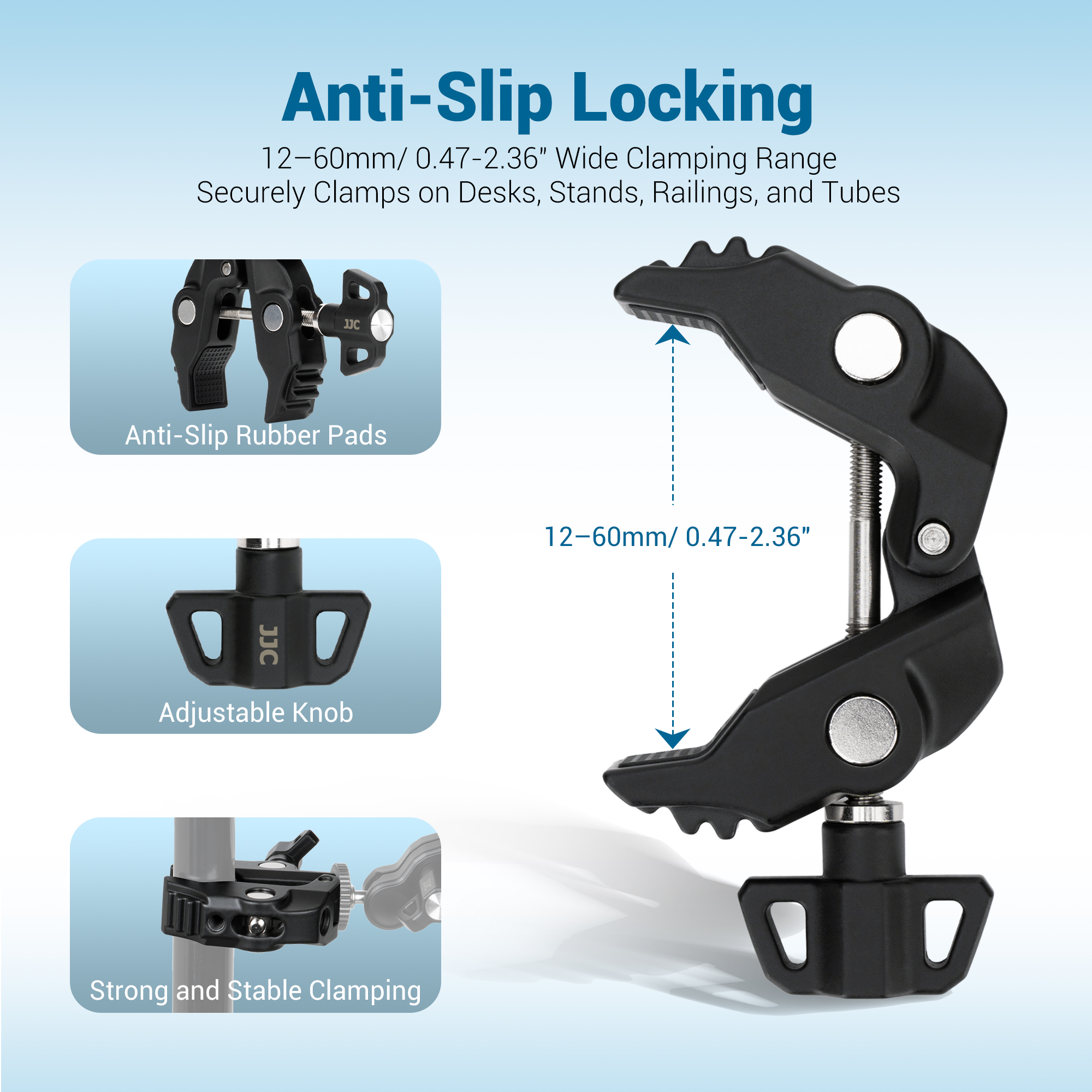 JJC Multi-Function Power Clamp Two 1/4"-20 & One 3/8"-16 Threaded Holes Mount On Hole Pipe Within 12–60 mm Thickness Range for Conference Video Recording Live Streaming Various Other Shooting Scenarios Camera Accessories - Image 4