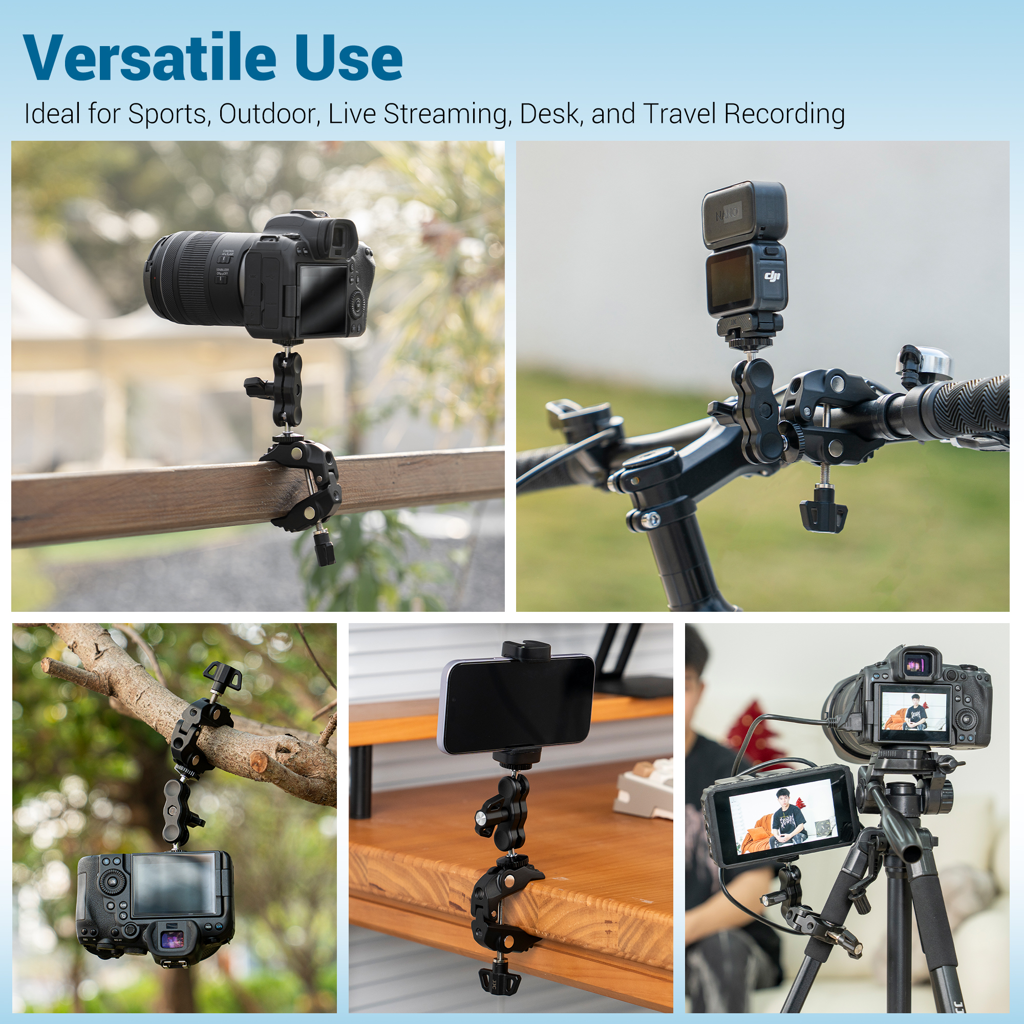 JJC Multi-Function Power Clamp Two 1/4"-20 & One 3/8"-16 Threaded Holes Mount On Hole Pipe Within 12–60 mm Thickness Range for Conference Video Recording Live Streaming Various Other Shooting Scenarios Camera Accessories - Image 5