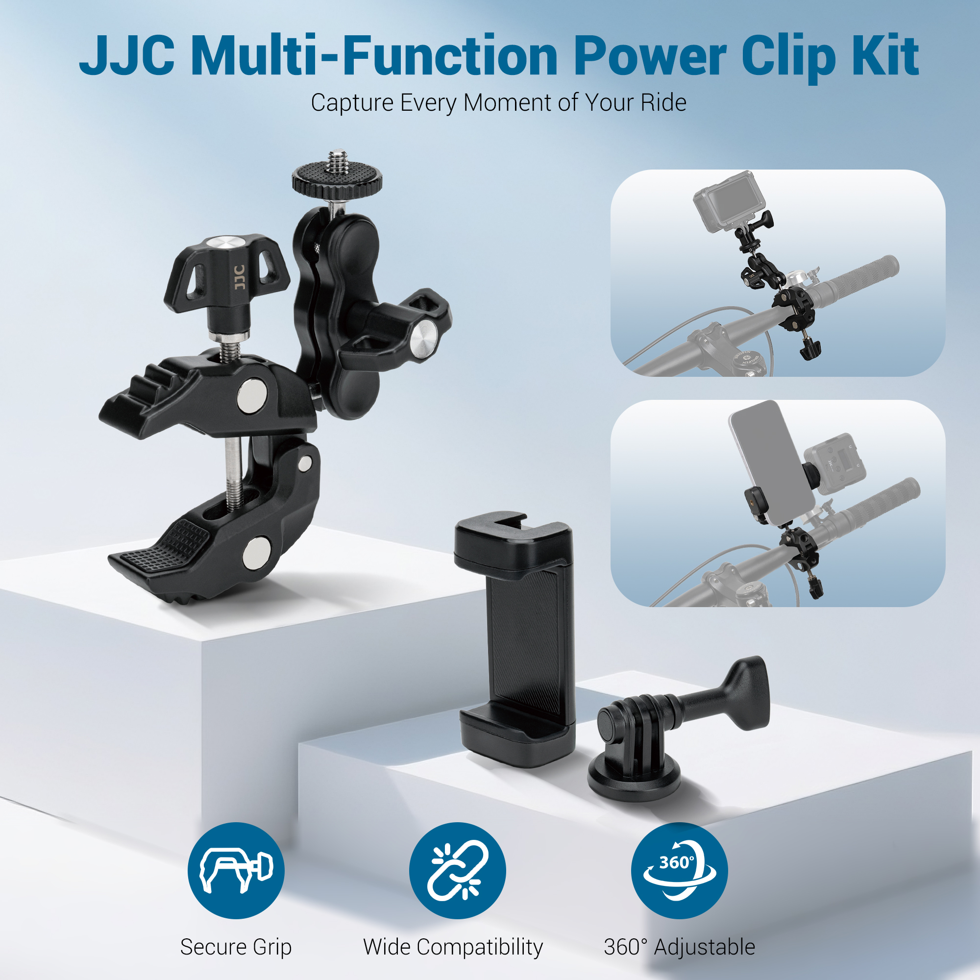 JJC Multi-Function Power Clamp Kit Aluminum Frame Non-slip Rubber Pads Mount on Desktop Bike Railing for Most iPhone 17 Sony Canon DLSR Mirrorless Cameras DJI Insta360 Gopro Action Cameras Multi-Angle Vlog Video Live Stream Recording Accessories - Image 3