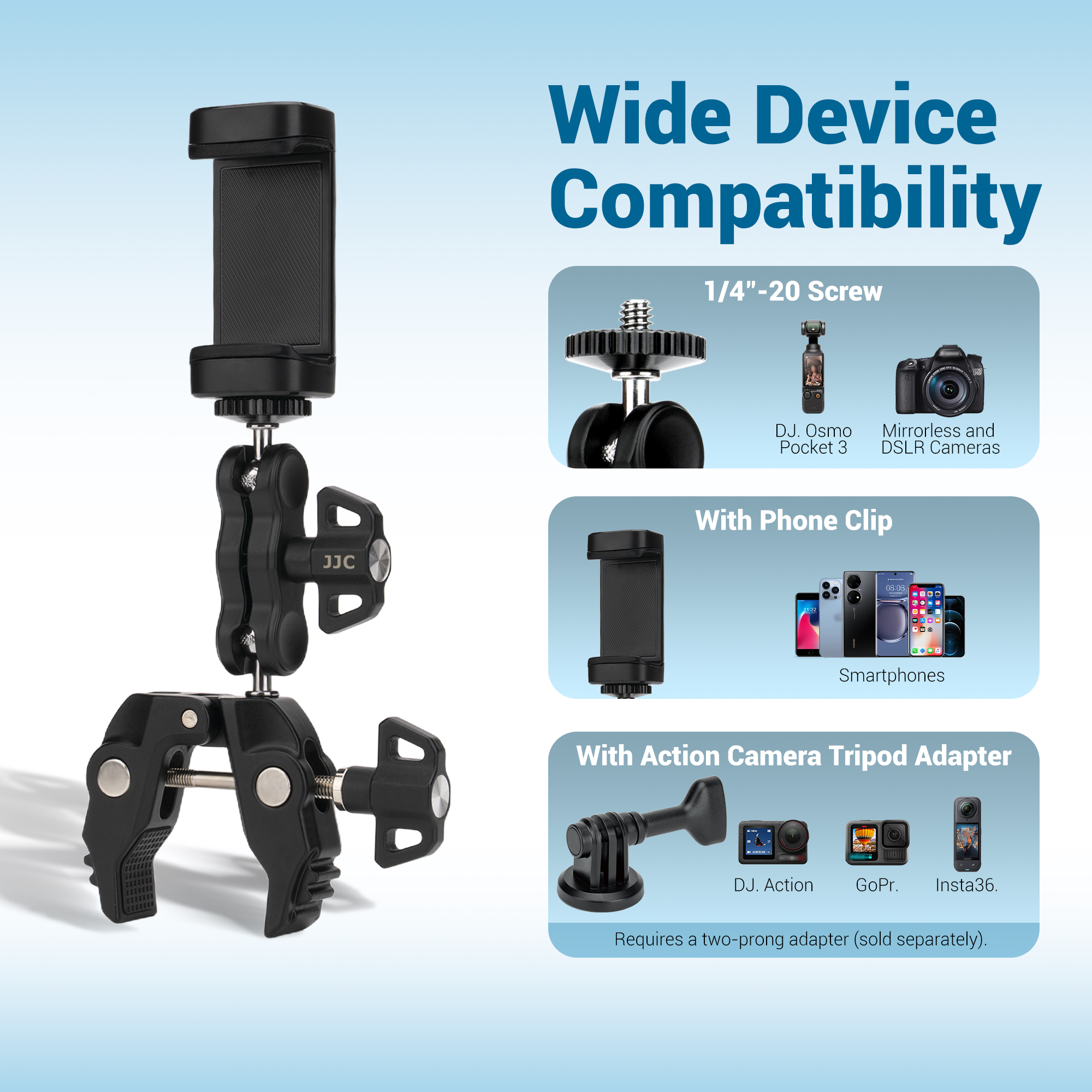 JJC Multi-Function Power Clamp Kit Aluminum Frame Non-slip Rubber Pads Mount on Desktop Bike Railing for Most iPhone 17 Sony Canon DLSR Mirrorless Cameras DJI Insta360 Gopro Action Cameras Multi-Angle Vlog Video Live Stream Recording Accessories - Image 4
