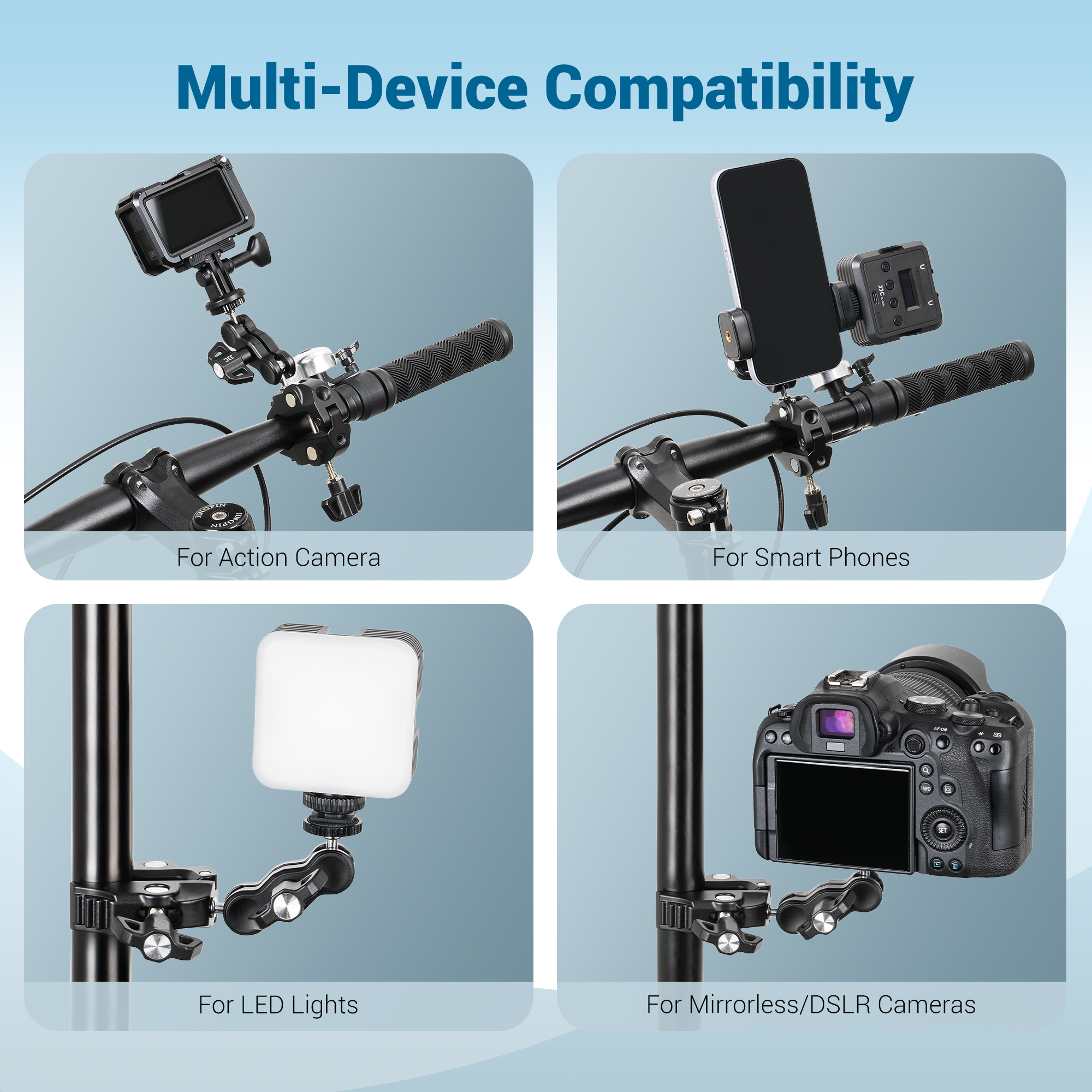 JJC Multi-Function Power Clamp Kit Aluminum Frame Non-slip Rubber Pads Mount on Desktop Bike Railing for Most iPhone 17 Sony Canon DLSR Mirrorless Cameras DJI Insta360 Gopro Action Cameras Multi-Angle Vlog Video Live Stream Recording Accessories - Image 7