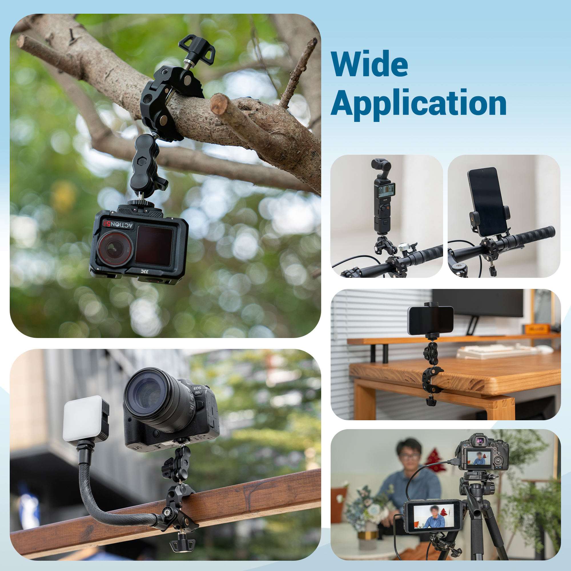 JJC Multi-Function Power Clamp Kit Aluminum Frame Non-slip Rubber Pads Mount on Desktop Bike Railing for Most iPhone 17 Sony Canon DLSR Mirrorless Cameras DJI Insta360 Gopro Action Cameras Multi-Angle Vlog Video Live Stream Recording Accessories - Image 9