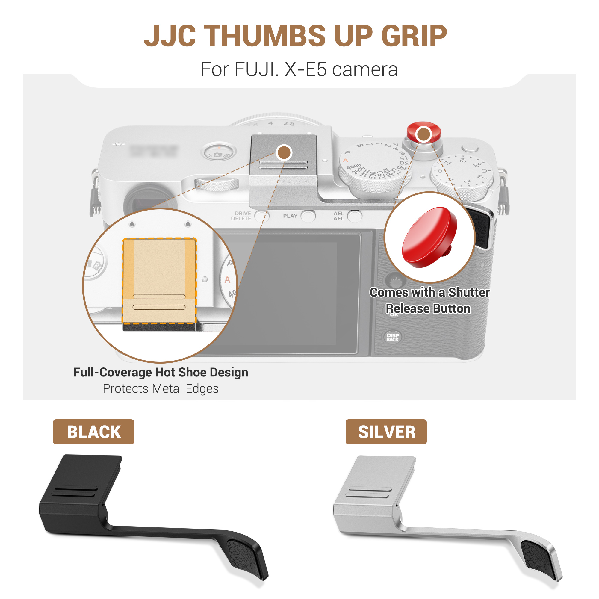 JJC Thumbs Up Grip for Fujifilm X-E5 Aluminum Body Silicone Pads Hot Shoe Full Coverage Protection Improved Grip Comfort Black - Image 3