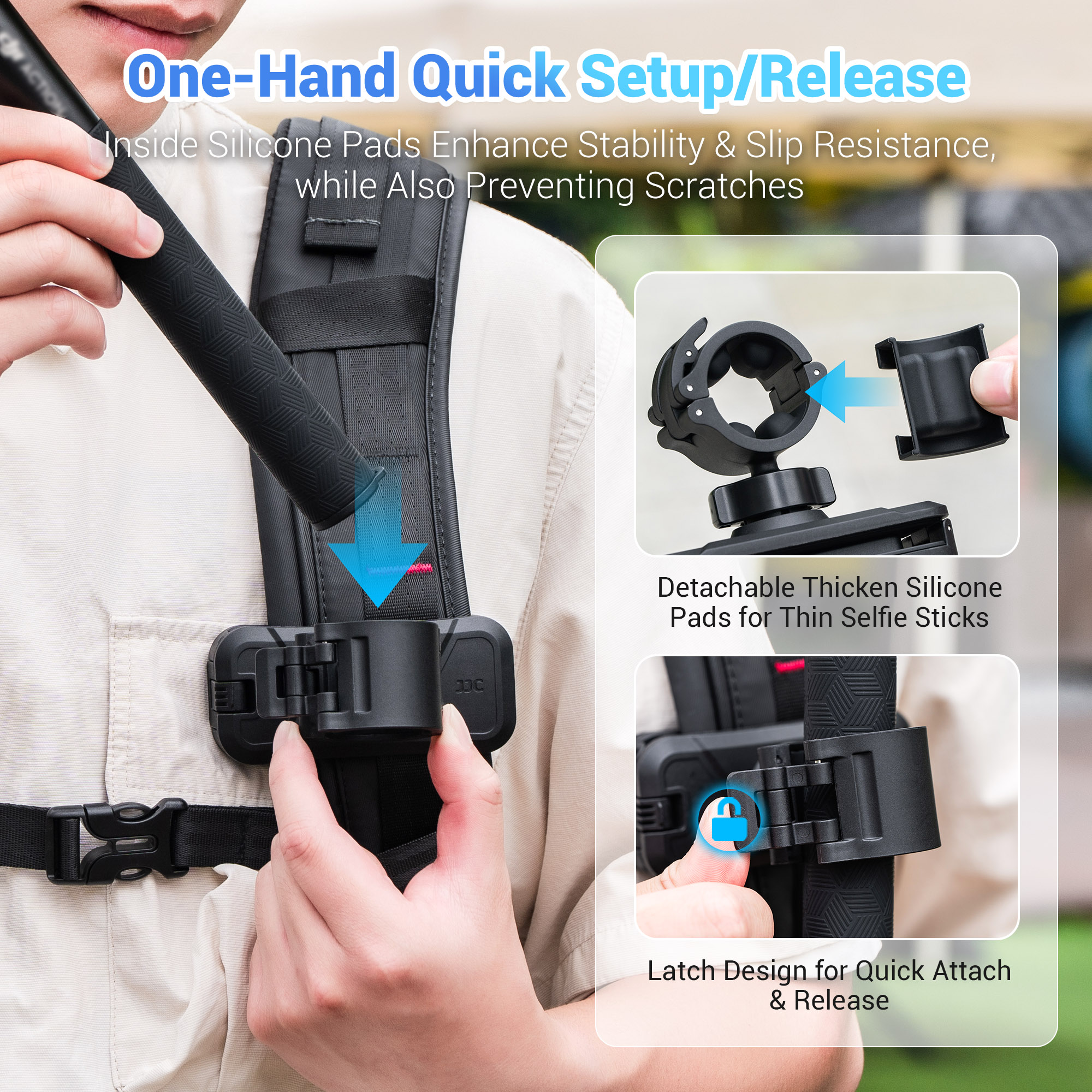 JJC Selfie Stick Holster Backpack Clip for DJI Osmo 360 Pocket 4 Pocket 3 Insta360 X5 X4 Air X3 with Selfie Stick Tripod in 20–30mm Diameter Built in Skin-Friendly Air Cushion Dual Lock Multi Angle Adjustable Ball Head for Hiking Cycling Daily Vlog POV Recording - Image 4