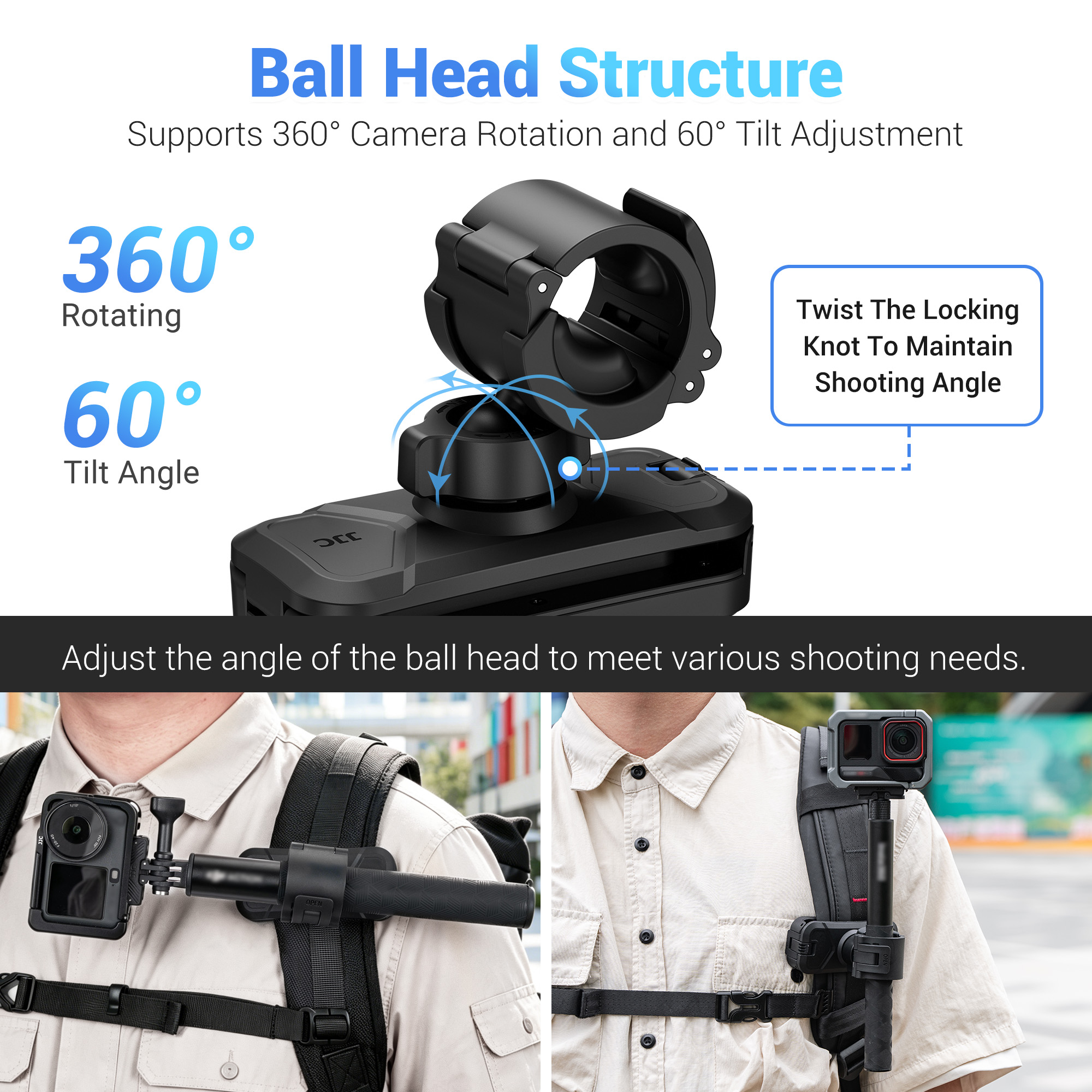 JJC Selfie Stick Holster Backpack Clip for DJI Osmo 360 Pocket 4 Pocket 3 Insta360 X5 X4 Air X3 with Selfie Stick Tripod in 20–30mm Diameter Built in Skin-Friendly Air Cushion Dual Lock Multi Angle Adjustable Ball Head for Hiking Cycling Daily Vlog POV Recording - Image 5