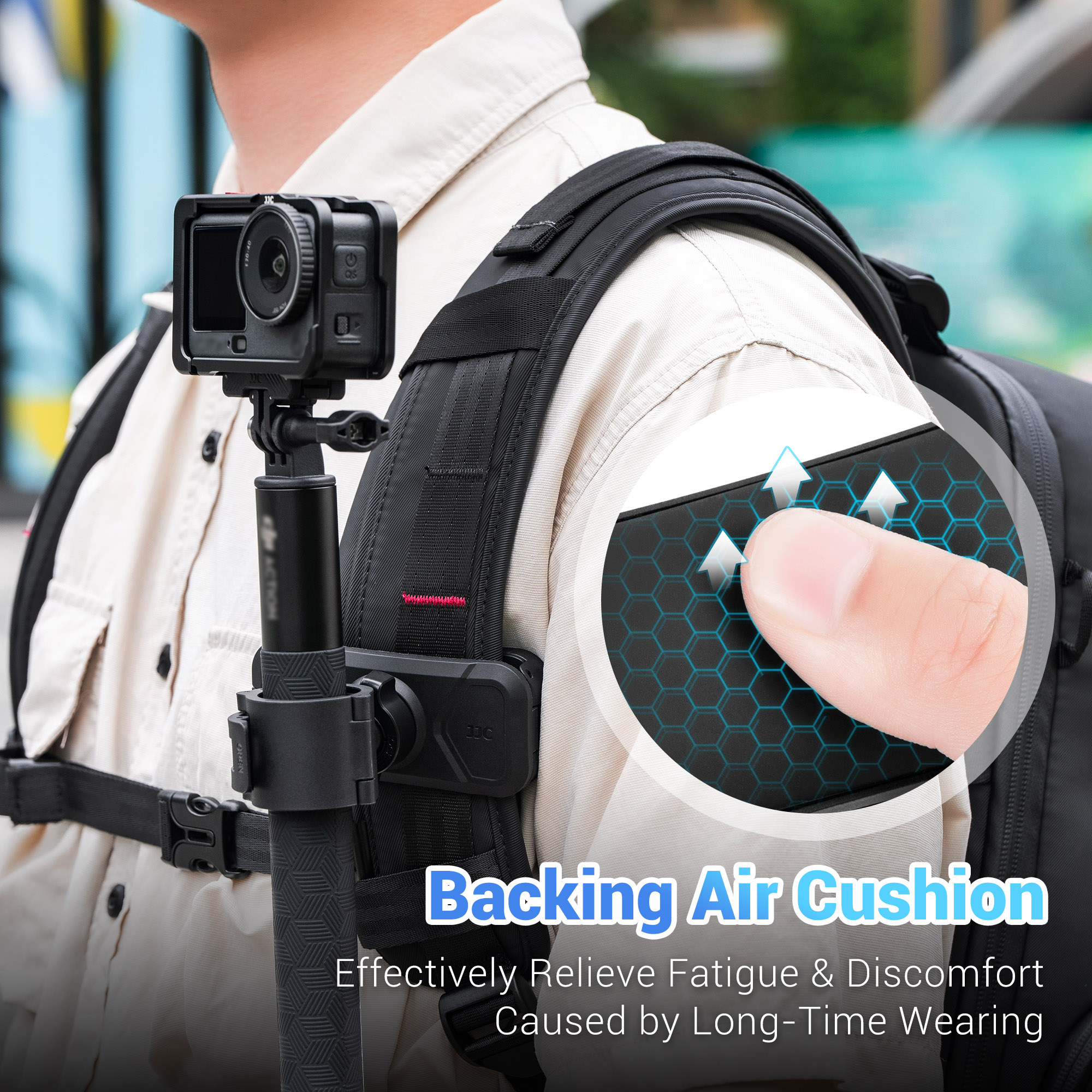 JJC Selfie Stick Holster Backpack Clip for DJI Osmo 360 Pocket 4 Pocket 3 Insta360 X5 X4 Air X3 with Selfie Stick Tripod in 20–30mm Diameter Built in Skin-Friendly Air Cushion Dual Lock Multi Angle Adjustable Ball Head for Hiking Cycling Daily Vlog POV Recording - Image 7