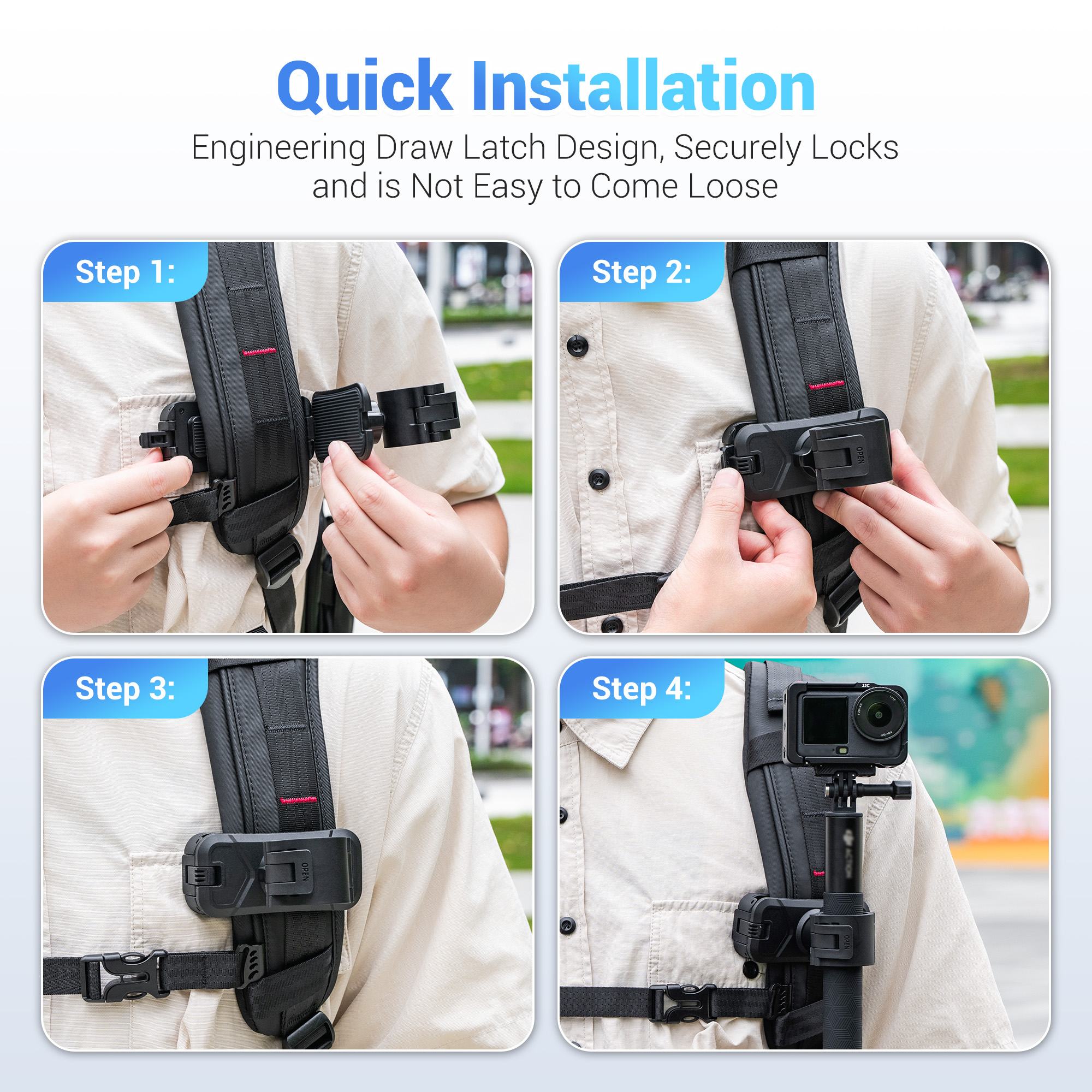 JJC Selfie Stick Holster Backpack Clip for DJI Osmo 360 Pocket 4 Pocket 3 Insta360 X5 X4 Air X3 with Selfie Stick Tripod in 20–30mm Diameter Built in Skin-Friendly Air Cushion Dual Lock Multi Angle Adjustable Ball Head for Hiking Cycling Daily Vlog POV Recording - Image 8