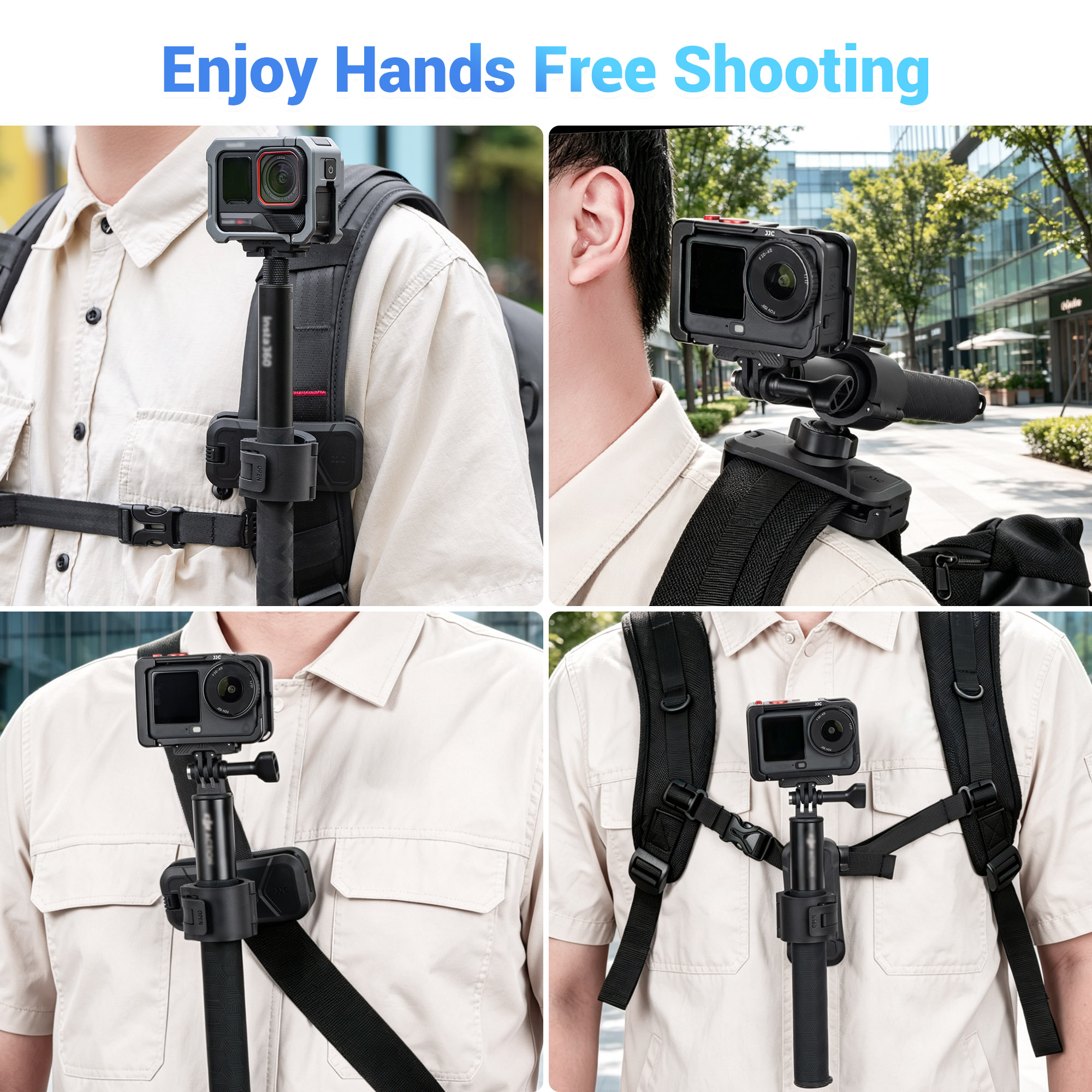JJC Selfie Stick Holster Backpack Clip for DJI Osmo 360 Pocket 4 Pocket 3 Insta360 X5 X4 Air X3 with Selfie Stick Tripod in 20–30mm Diameter Built in Skin-Friendly Air Cushion Dual Lock Multi Angle Adjustable Ball Head for Hiking Cycling Daily Vlog POV Recording - Image 9