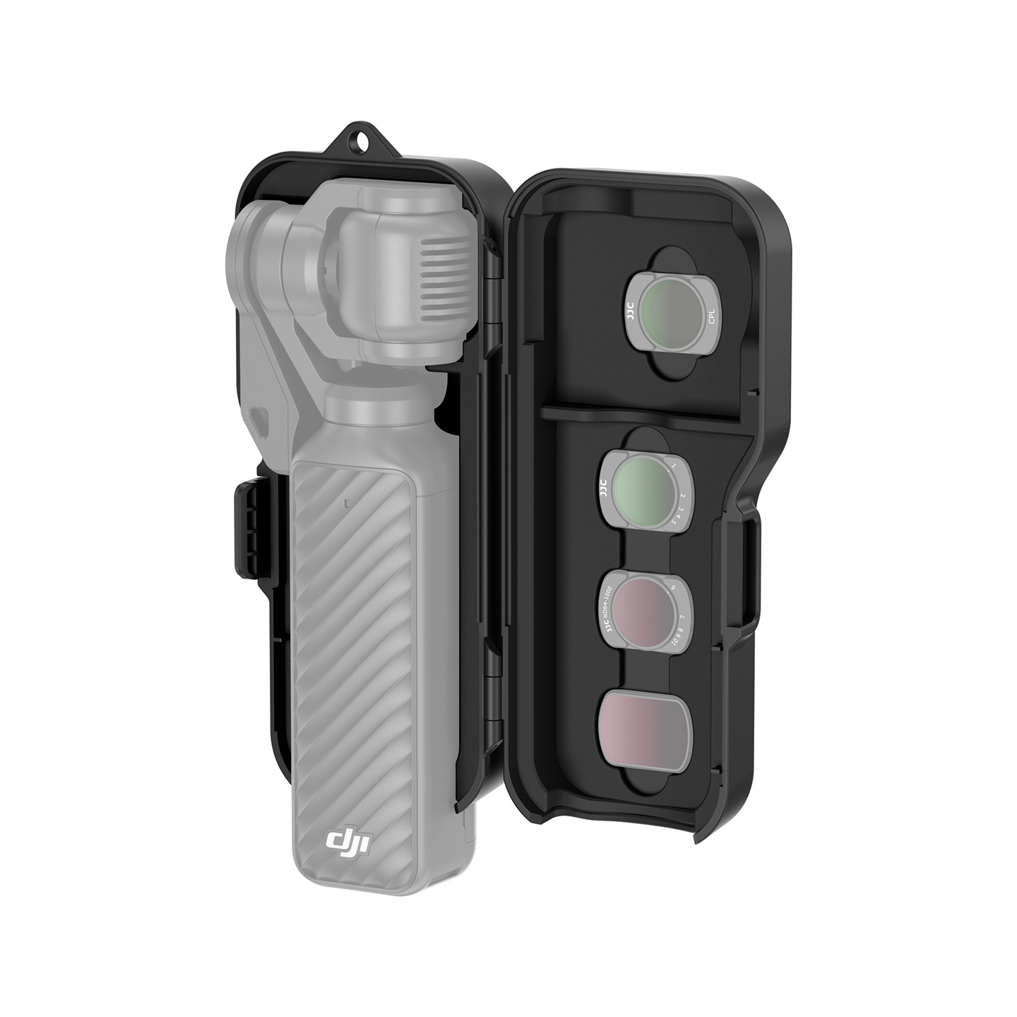 JJC Upgraded Protective Case for Osmo Pocket 4 with Clamp Attached, Osmo Pocket 3, Xtra Muse, 5 Filters, 2 TF Cards Slots, Thickened Silicone Pad, Alloy Hinges, Bottom Opening for Extended Handle & Tripod Black - Image 4