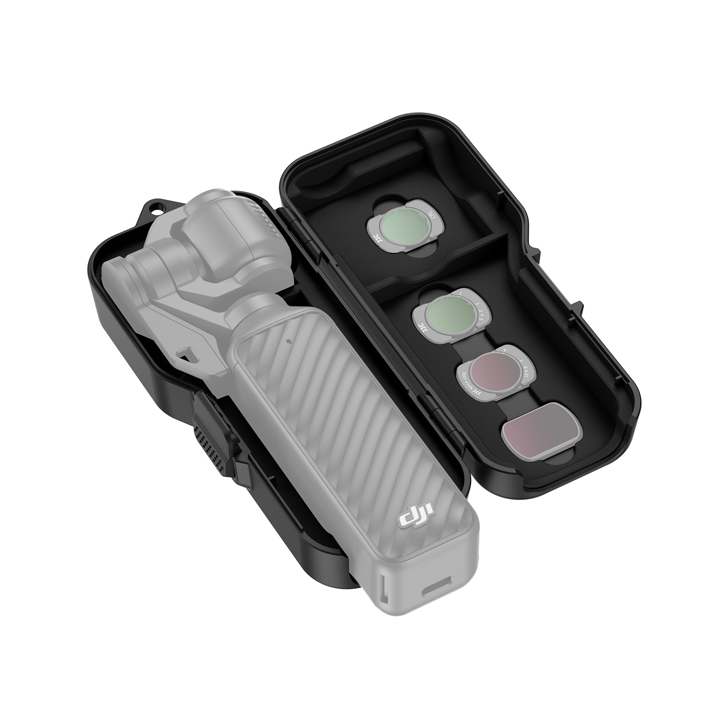 JJC Upgraded Protective Case for Osmo Pocket 4 with Clamp Attached, Osmo Pocket 3, Xtra Muse, 5 Filters, 2 TF Cards Slots, Thickened Silicone Pad, Alloy Hinges, Bottom Opening for Extended Handle & Tripod Black - Image 5