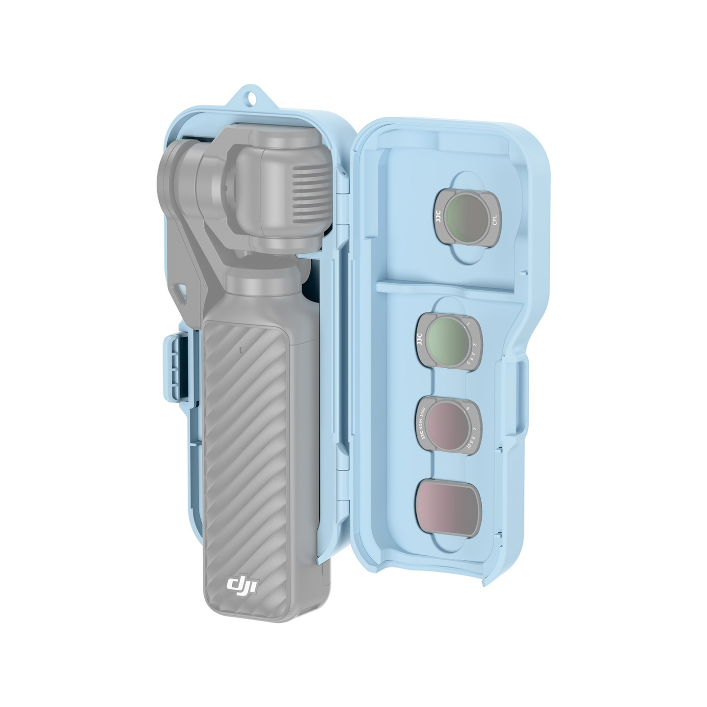 JJC Upgraded Protective Case for Osmo Pocket 4 with Clamp Attached, Osmo Pocket 3, Xtra Muse, 5 Filters, 2 TF Cards Slots, Thickened Silicone Pad, Alloy Hinges, Bottom Opening for Extended Handle & Tripod Blue - Image 4