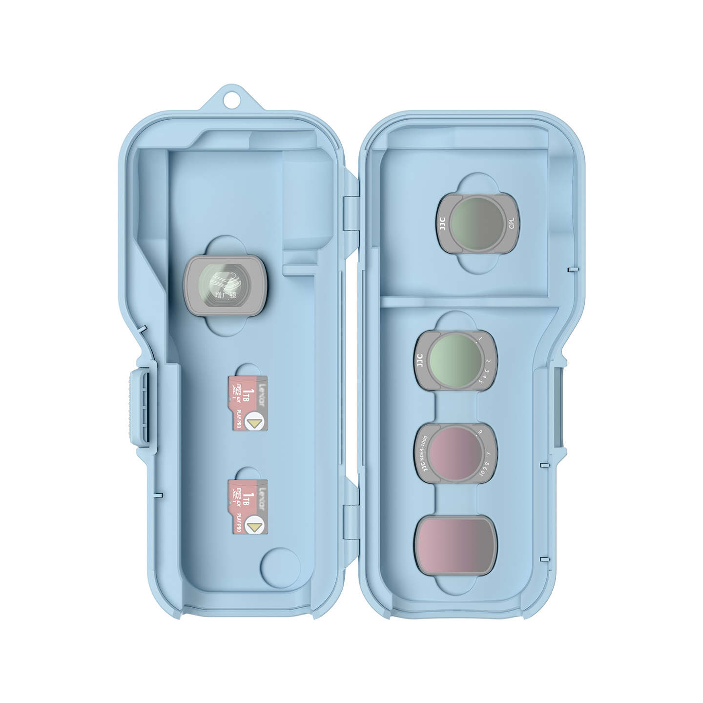 JJC Upgraded Protective Case for Osmo Pocket 4 with Clamp Attached, Osmo Pocket 3, Xtra Muse, 5 Filters, 2 TF Cards Slots, Thickened Silicone Pad, Alloy Hinges, Bottom Opening for Extended Handle & Tripod Blue - Image 5