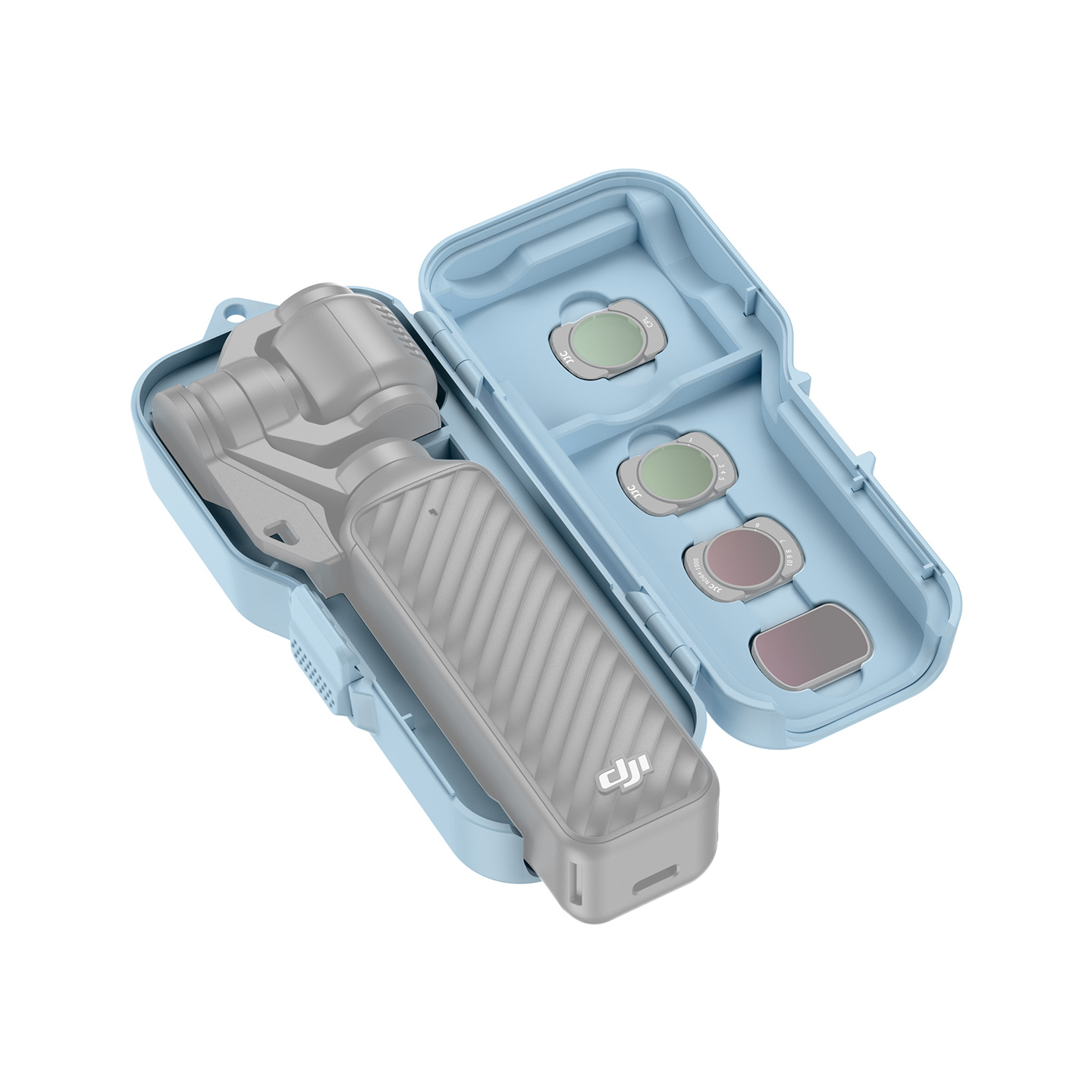 JJC Upgraded Protective Case for Osmo Pocket 4 with Clamp Attached, Osmo Pocket 3, Xtra Muse, 5 Filters, 2 TF Cards Slots, Thickened Silicone Pad, Alloy Hinges, Bottom Opening for Extended Handle & Tripod Blue - Image 6