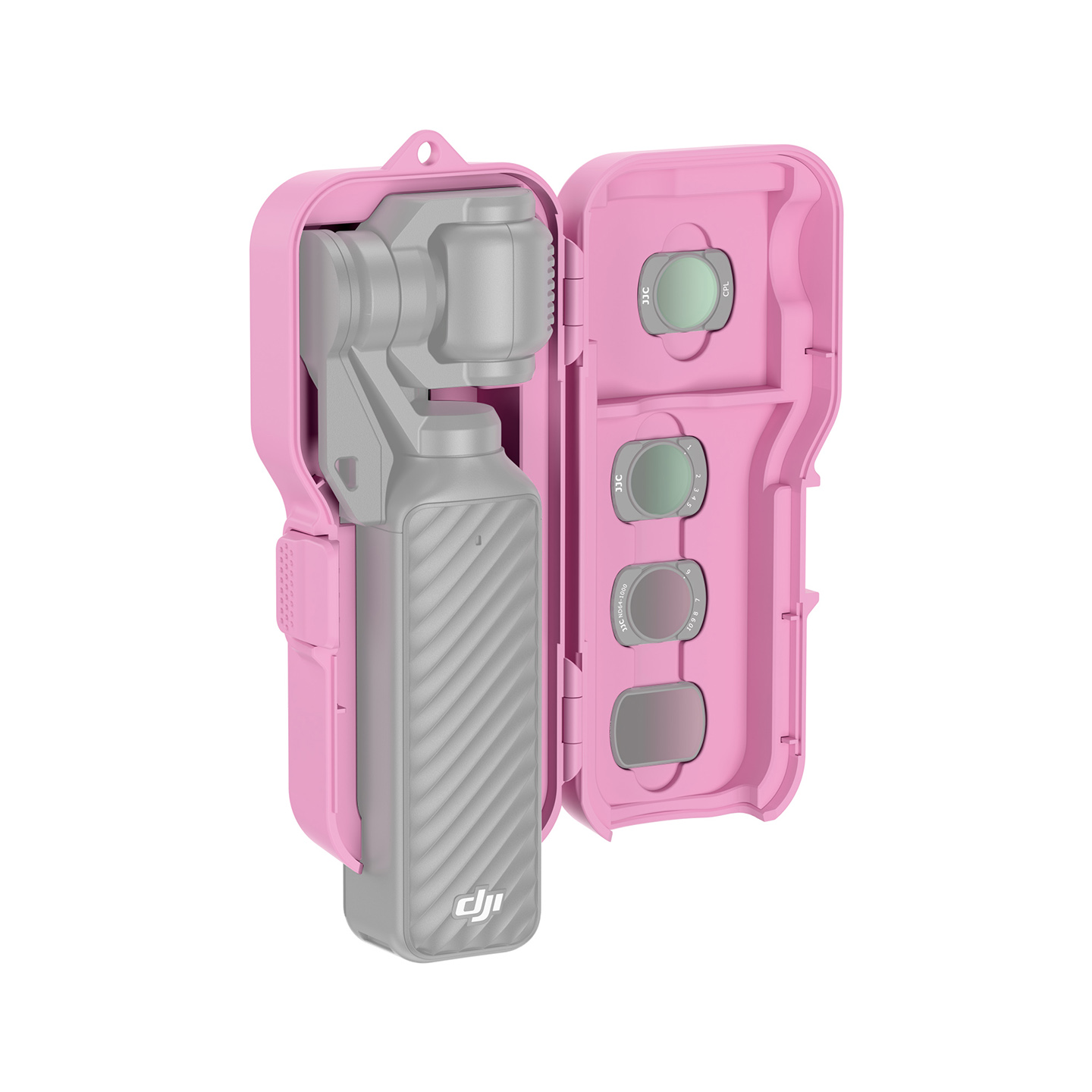JJC Upgraded Protective Case for Osmo Pocket 4 with Clamp Attached, Osmo Pocket 3, Xtra Muse, 5 Filters, 2 TF Cards Slots, Thickened Silicone Pad, Alloy Hinges, Bottom Opening for Extended Handle & Tripod Hot Pink - Image 4
