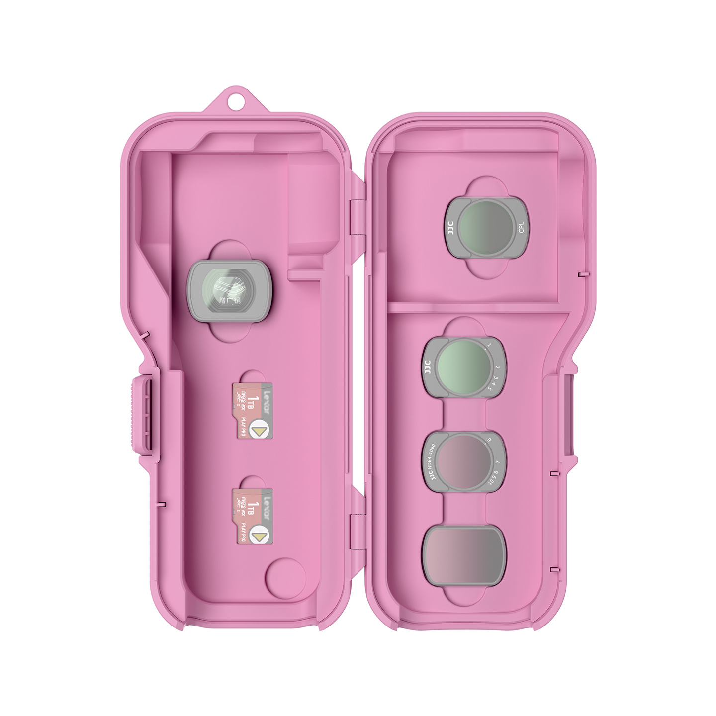 JJC Upgraded Protective Case for Osmo Pocket 4 with Clamp Attached, Osmo Pocket 3, Xtra Muse, 5 Filters, 2 TF Cards Slots, Thickened Silicone Pad, Alloy Hinges, Bottom Opening for Extended Handle & Tripod Hot Pink - Image 5