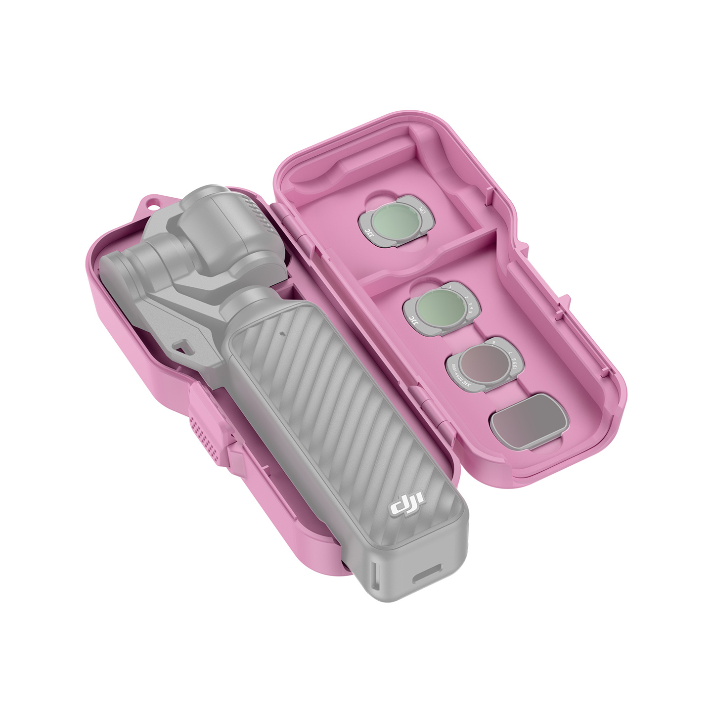JJC Upgraded Protective Case for Osmo Pocket 4 with Clamp Attached, Osmo Pocket 3, Xtra Muse, 5 Filters, 2 TF Cards Slots, Thickened Silicone Pad, Alloy Hinges, Bottom Opening for Extended Handle & Tripod Hot Pink - Image 6