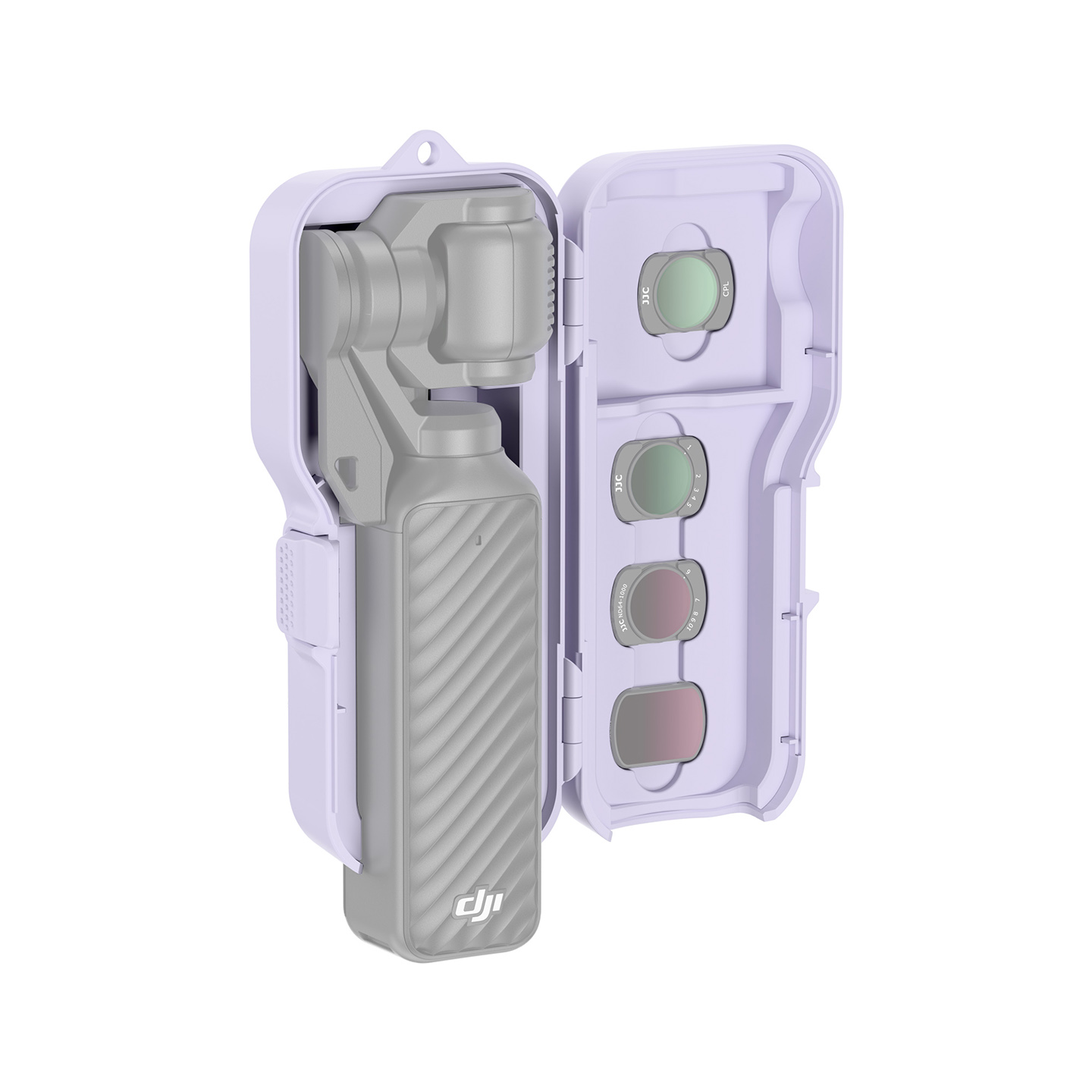 JJC Upgraded Protective Case for Osmo Pocket 4 with Clamp Attached, Osmo Pocket 3, Xtra Muse, 5 Filters, 2 TF Cards Slots, Thickened Silicone Pad, Alloy Hinges, Bottom Opening for Extended Handle & Tripod Purple - Image 4
