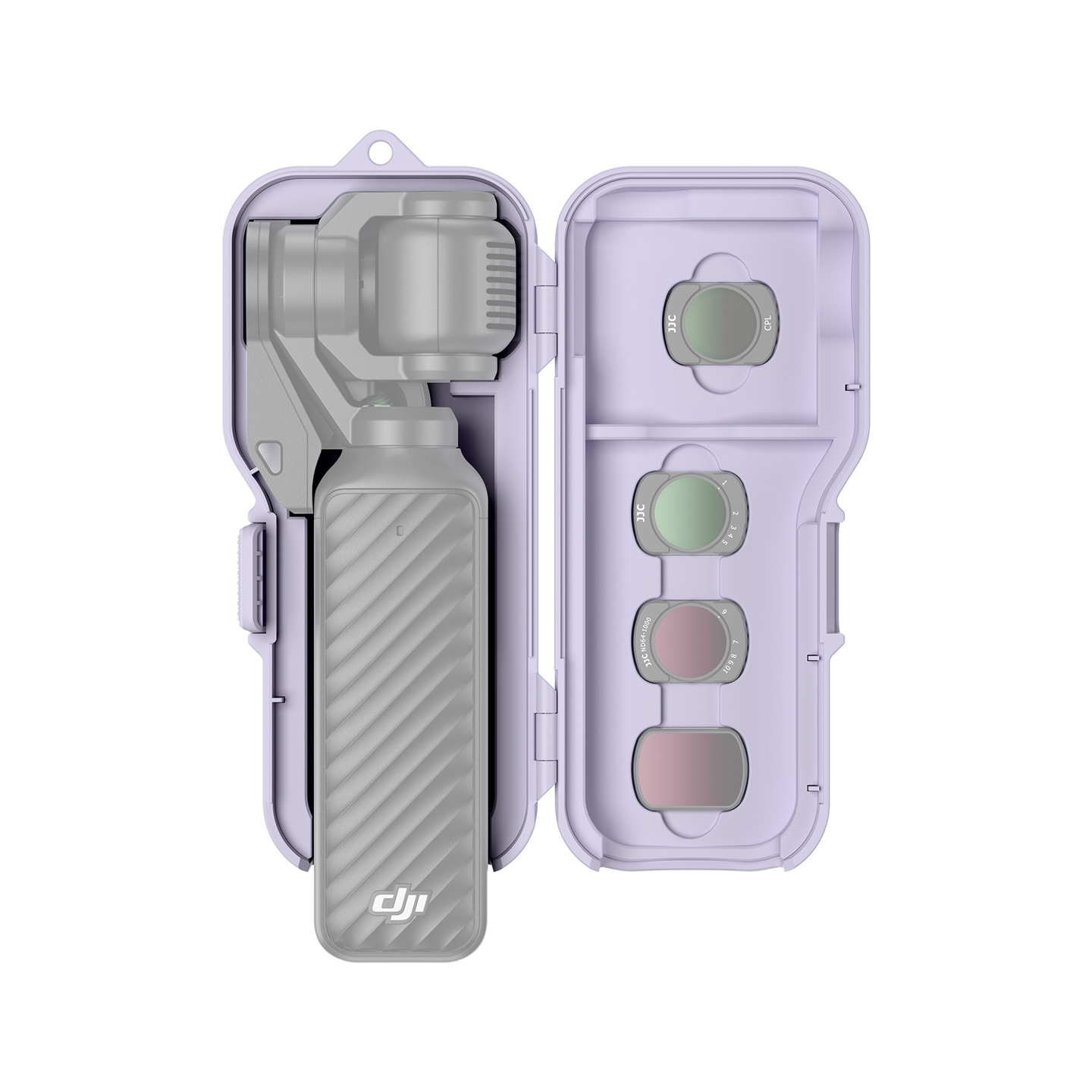 JJC Upgraded Protective Case for Osmo Pocket 4 with Clamp Attached, Osmo Pocket 3, Xtra Muse, 5 Filters, 2 TF Cards Slots, Thickened Silicone Pad, Alloy Hinges, Bottom Opening for Extended Handle & Tripod Purple - Image 5