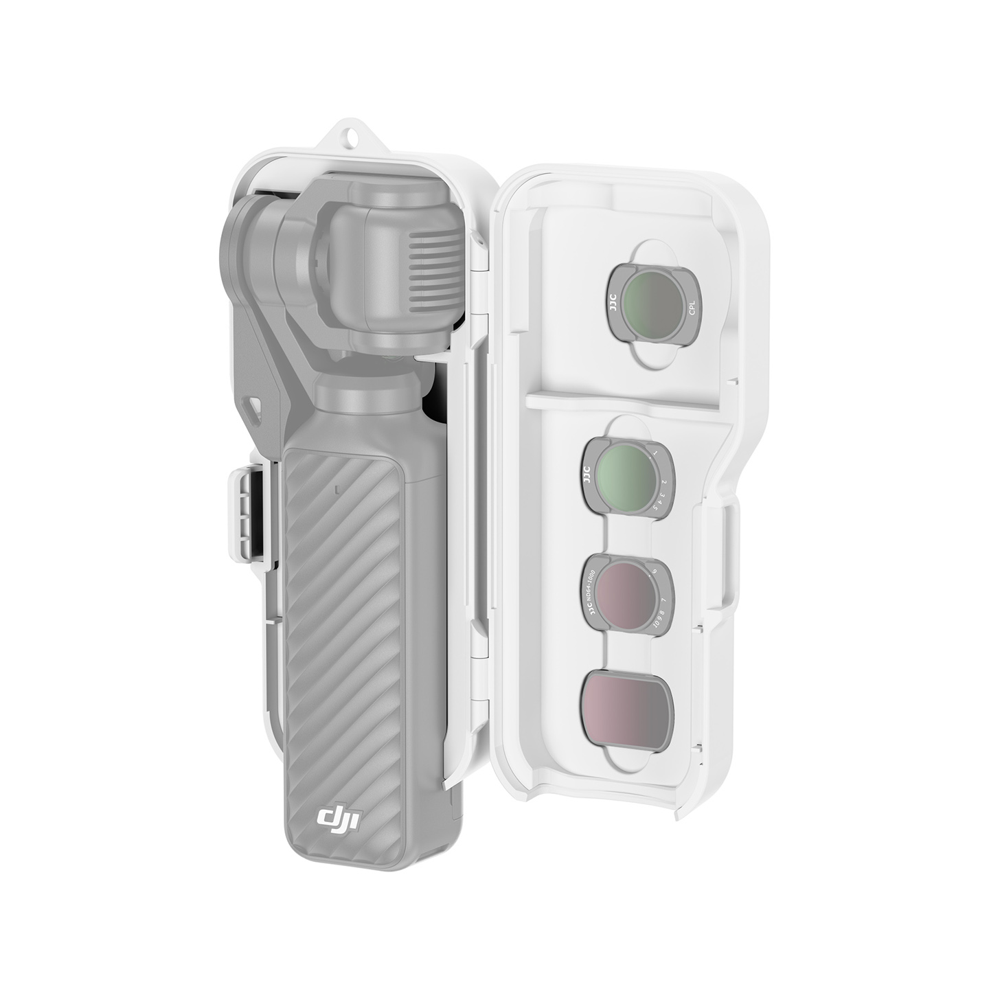 JJC Upgraded Protective Case for Osmo Pocket 4 with Clamp Attached, Osmo Pocket 3, Xtra Muse, 5 Filters, 2 TF Cards Slots, Thickened Silicone Pad, Alloy Hinges, Bottom Opening for Extended Handle & Tripod White - Image 4