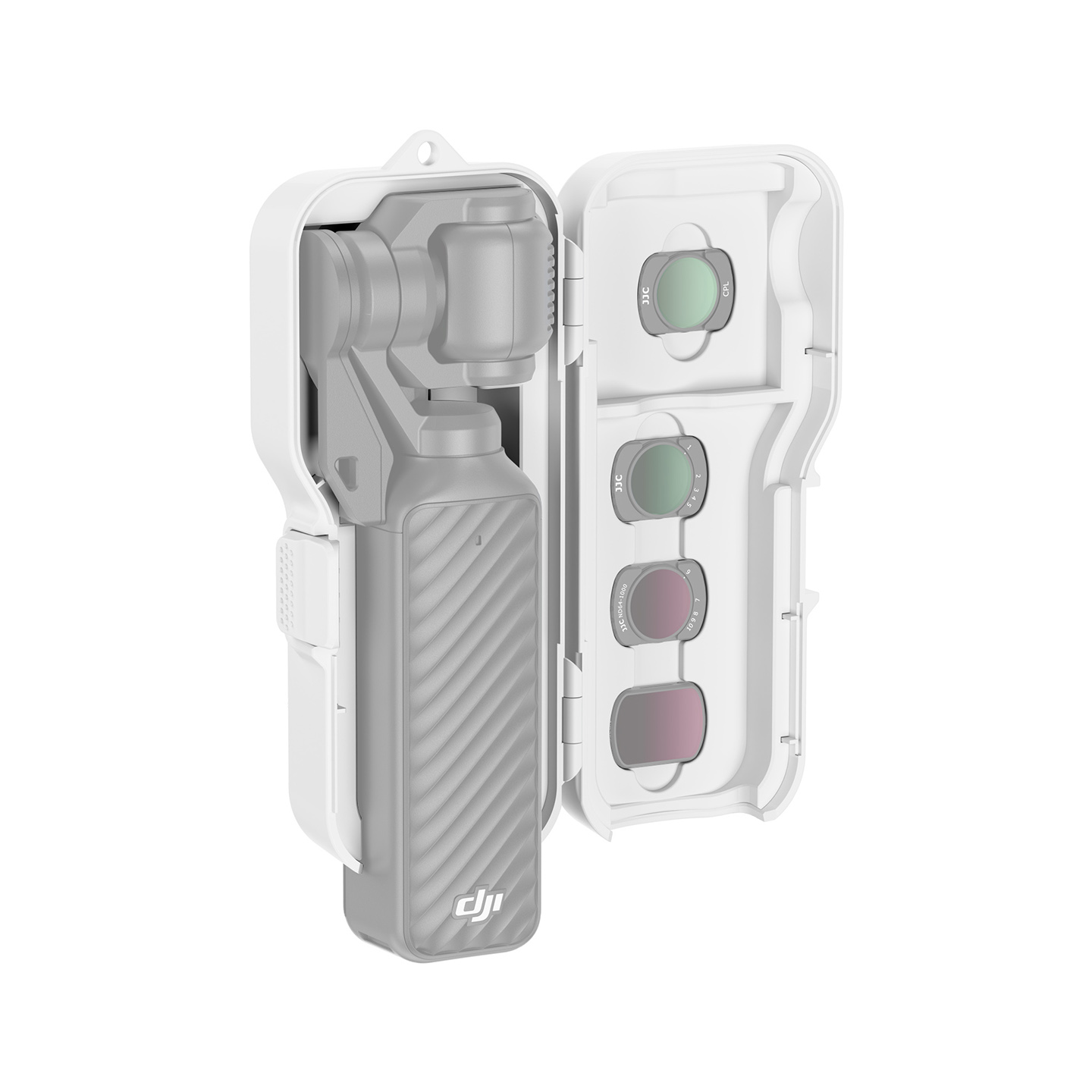 JJC Upgraded Protective Case for Osmo Pocket 4 with Clamp Attached, Osmo Pocket 3, Xtra Muse, 5 Filters, 2 TF Cards Slots, Thickened Silicone Pad, Alloy Hinges, Bottom Opening for Extended Handle & Tripod White - Image 5