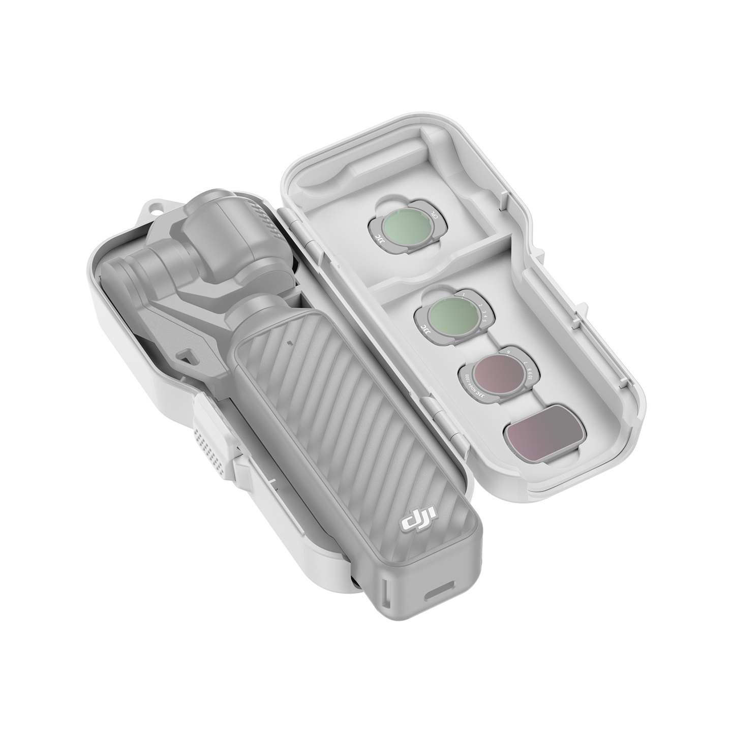 JJC Upgraded Protective Case for Osmo Pocket 4 with Clamp Attached, Osmo Pocket 3, Xtra Muse, 5 Filters, 2 TF Cards Slots, Thickened Silicone Pad, Alloy Hinges, Bottom Opening for Extended Handle & Tripod White - Image 6