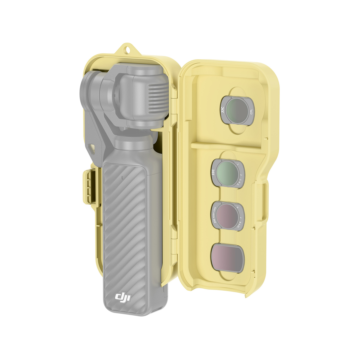 JJC Upgraded Protective Case for Osmo Pocket 4 with Clamp Attached, Osmo Pocket 3, Xtra Muse, 5 Filters, 2 TF Cards Slots, Thickened Silicone Pad, Alloy Hinges, Bottom Opening for Extended Handle & Tripod Yellow - Image 4