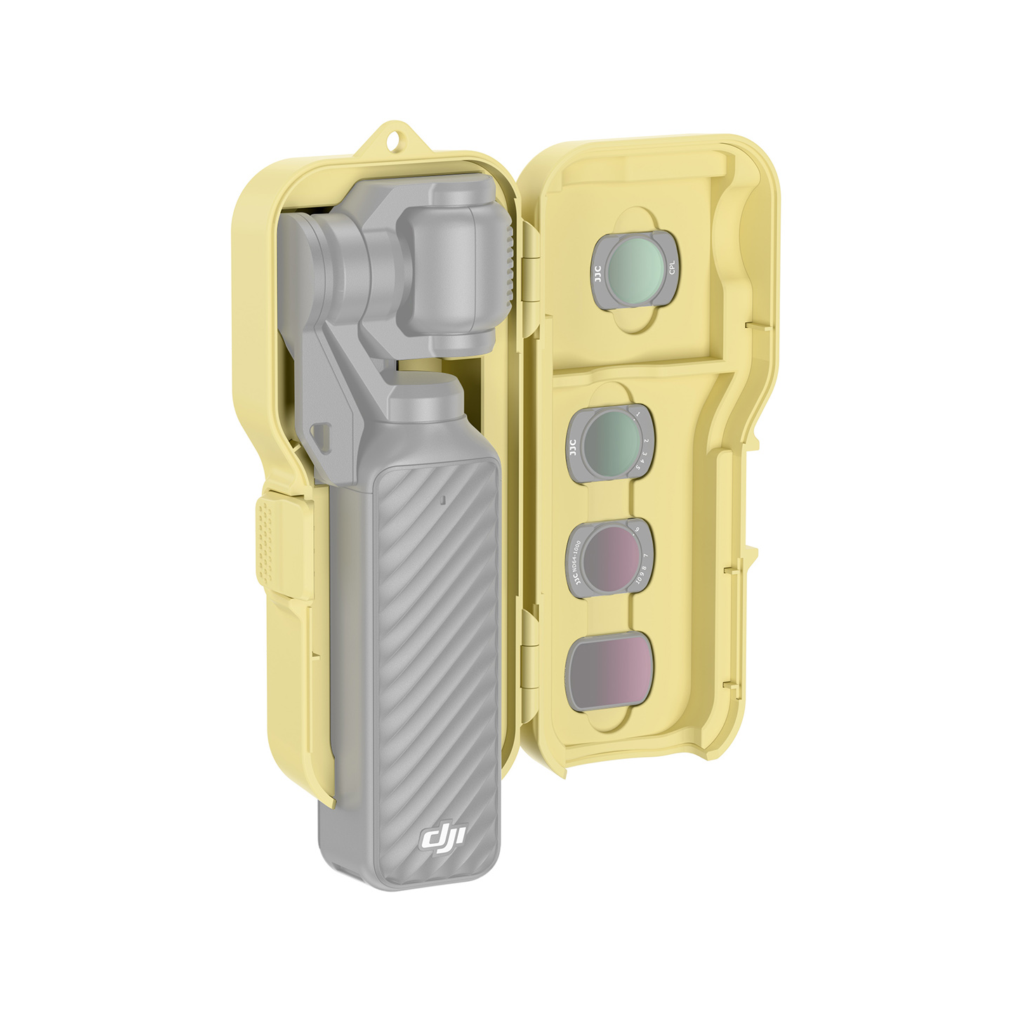 JJC Upgraded Protective Case for Osmo Pocket 4 with Clamp Attached, Osmo Pocket 3, Xtra Muse, 5 Filters, 2 TF Cards Slots, Thickened Silicone Pad, Alloy Hinges, Bottom Opening for Extended Handle & Tripod Yellow - Image 5