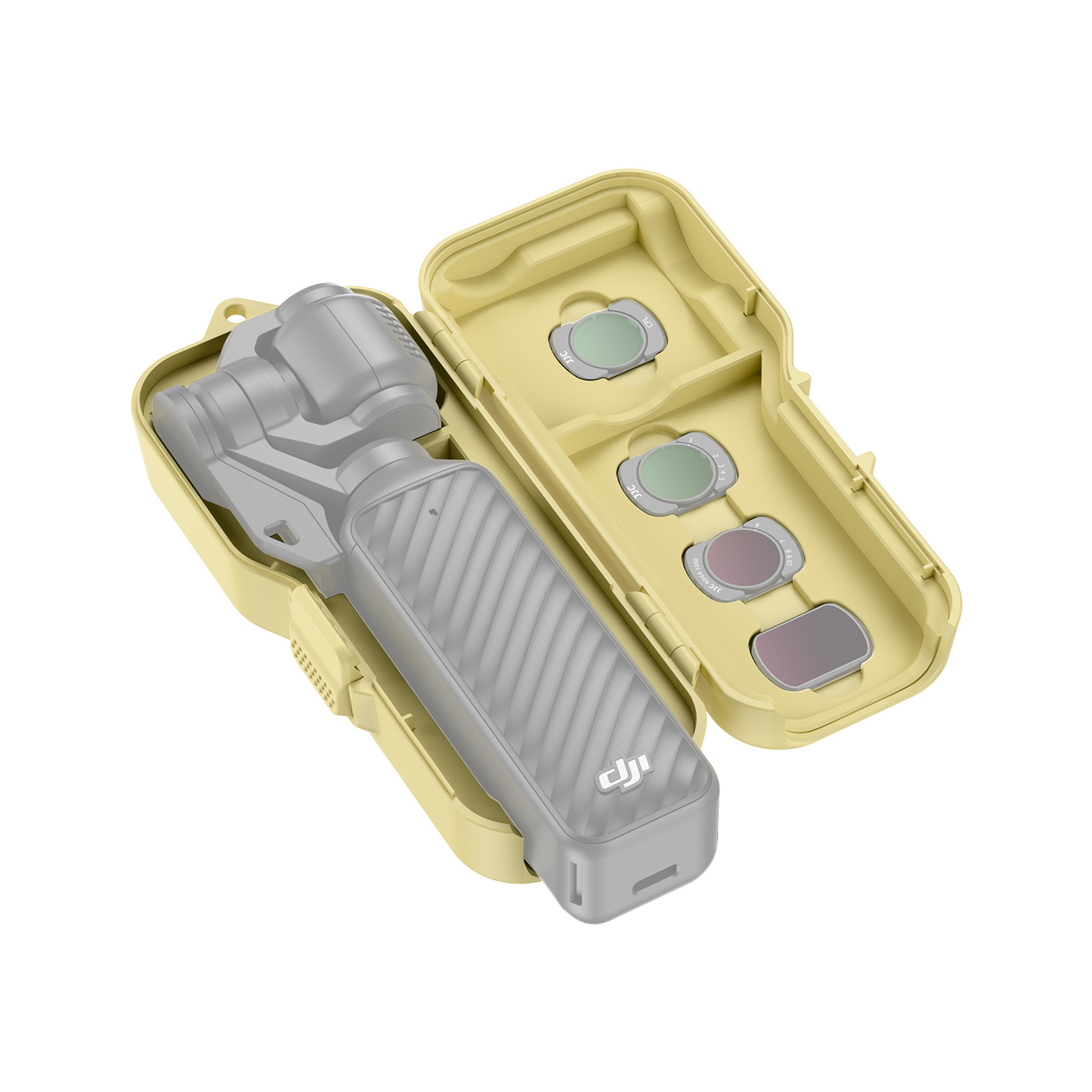 JJC Upgraded Protective Case for Osmo Pocket 4 with Clamp Attached, Osmo Pocket 3, Xtra Muse, 5 Filters, 2 TF Cards Slots, Thickened Silicone Pad, Alloy Hinges, Bottom Opening for Extended Handle & Tripod Yellow - Image 6