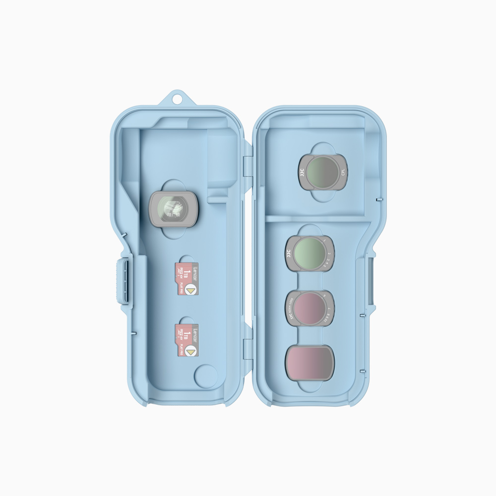 JJC Upgraded Protective Case for Osmo Pocket 4 with Clamp Attached, Osmo Pocket 3, Xtra Muse, 5 Filters, 2 TF Cards Slots, Thickened Silicone Pad, Alloy Hinges, Bottom Opening for Extended Handle & Tripod Blue - Image 2