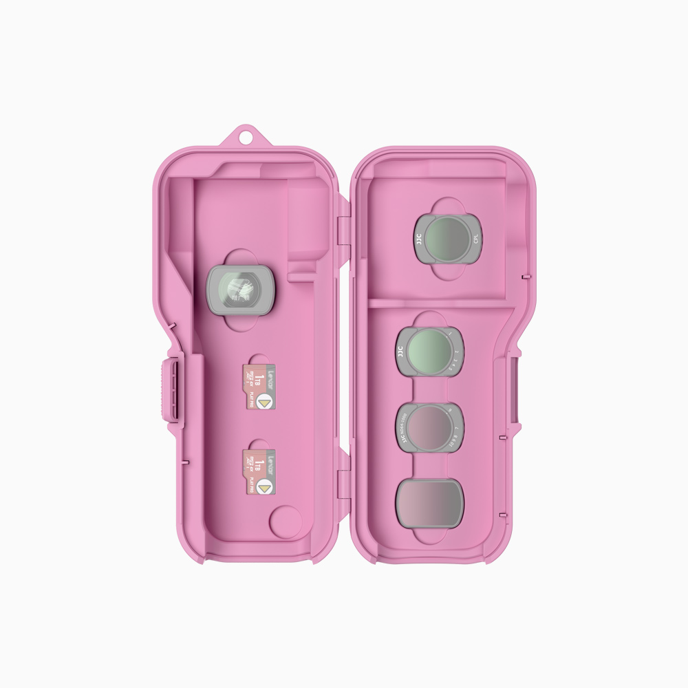 JJC Upgraded Protective Case for Osmo Pocket 4 with Clamp Attached, Osmo Pocket 3, Xtra Muse, 5 Filters, 2 TF Cards Slots, Thickened Silicone Pad, Alloy Hinges, Bottom Opening for Extended Handle & Tripod Hot Pink - Image 2