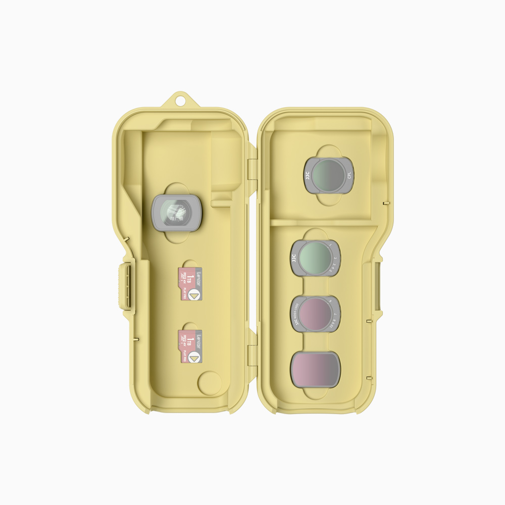 JJC Upgraded Protective Case for Osmo Pocket 4 with Clamp Attached, Osmo Pocket 3, Xtra Muse, 5 Filters, 2 TF Cards Slots, Thickened Silicone Pad, Alloy Hinges, Bottom Opening for Extended Handle & Tripod Yellow - Image 2